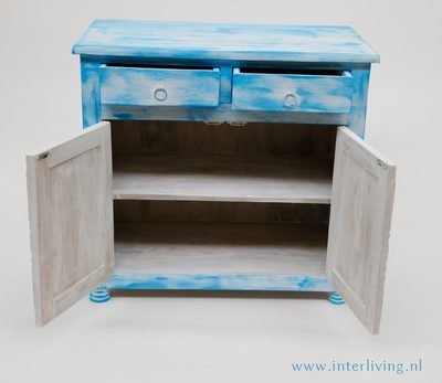 Dressoir "bright" blue washed mangohout met lotus houtsnijwerk 76 x 76 x 40 cm