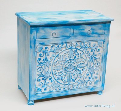 Dressoir "bright" blue washed mangohout met lotus houtsnijwerk 76 x 76 x 40 cm