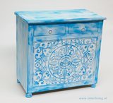 Dressoir &quot;bright&quot; blue washed mangohout met lotus houtsnijwerk 76 x 76 x 40 cm