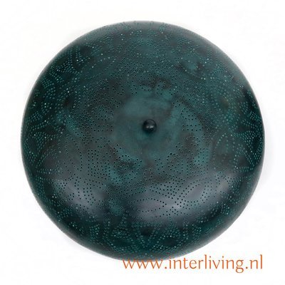 Gekleurde vintage filigrain plafonniere oosterse gaatjes patronen- donker metaal met groen- doorsnede 38 cm Gekleurde vintage filigrain plafonniere oosterse gaatjes patronen- donker metaal met groen- doorsnede 38 cm