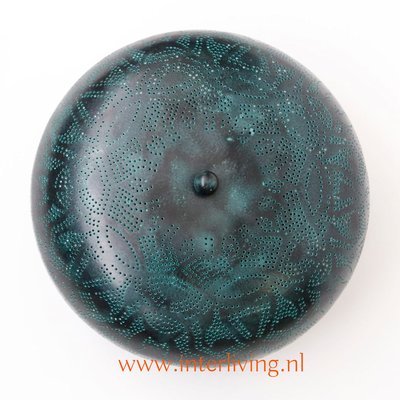 Gekleurde vintage filigrain plafonniere - donker metaal met groen - doorsnede 25 cm Gekleurde vintage filigrain plafonniere - donker metaal met groen - doorsnede 25 cm