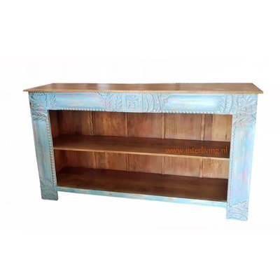 sideboard XL - open dressoir of wandtafel met houtsnijwerk van mango hout - blue washed - 182*104*44 cm