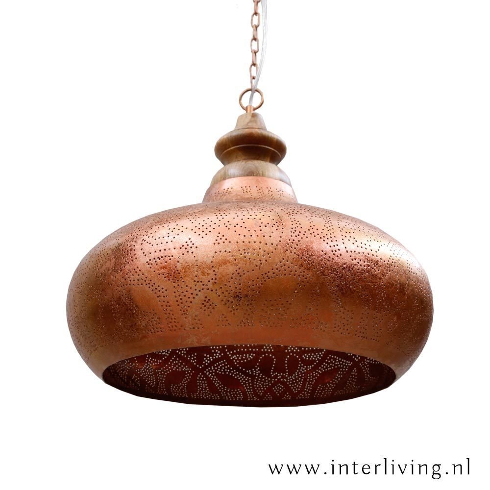 Industriele hanglamp in filigrain design, vintage koper met hout afwerking