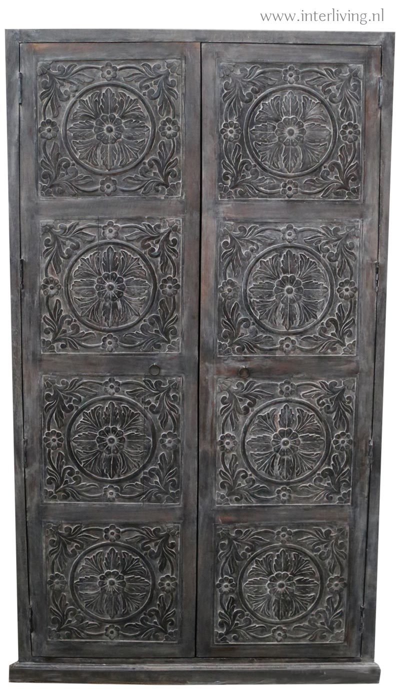 hoge garderobekast - mangohout - antique (grey) washed - met houtsnijwerk
