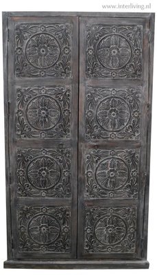 hoge garderobekast - mangohout - antique (grey) washed - met houtsnijwerk