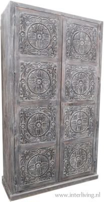 hoge garderobekast - mangohout - antique (grey) washed - met houtsnijwerk