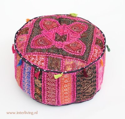 poef bont patchwork - roze rond model - 25 cm hoog