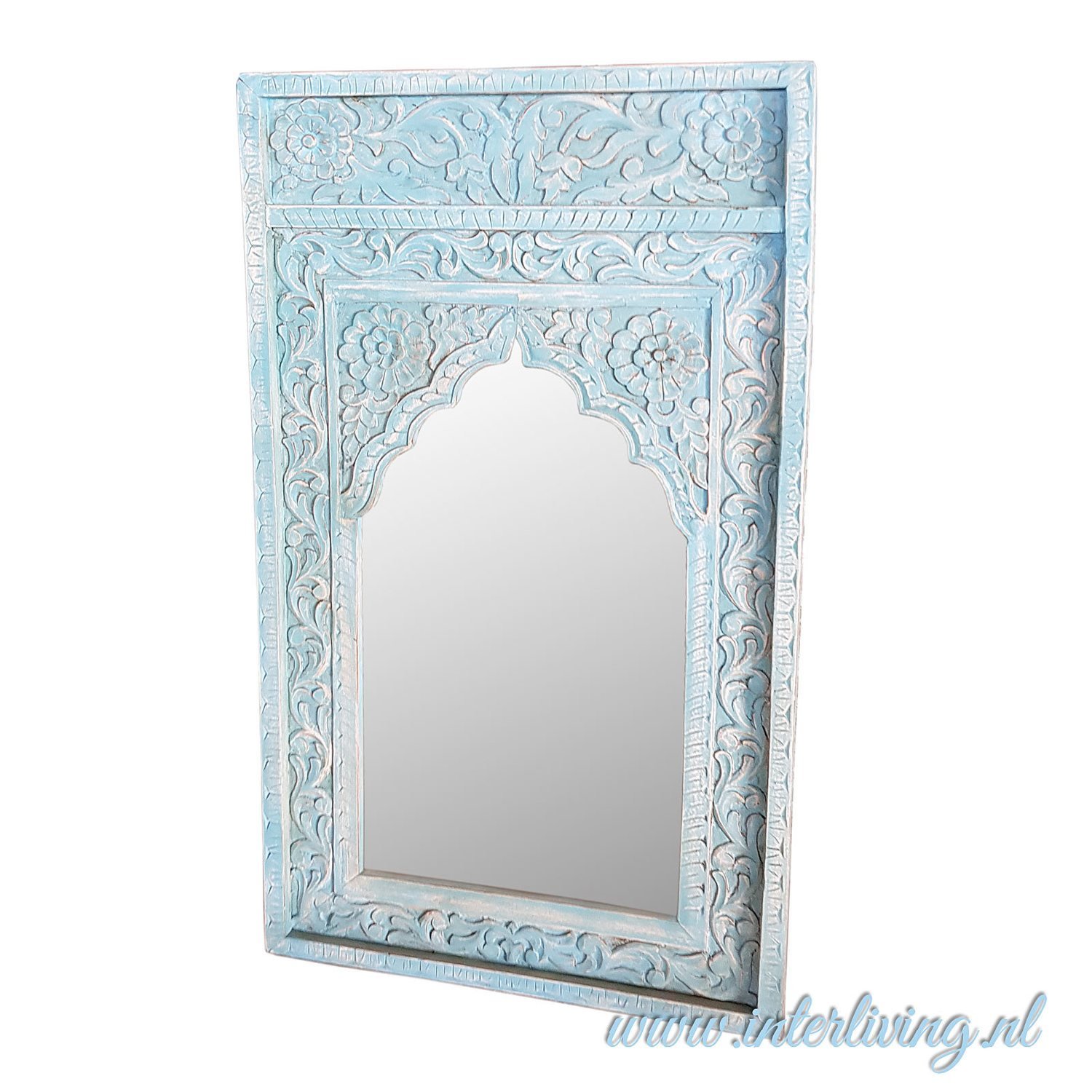 afgewerkt blouse sjaal Marokkaanse stijl spiegel met oosterse oude houten lijst - bogen en  houtsnijwerk - vintage blue wash - 120 cm