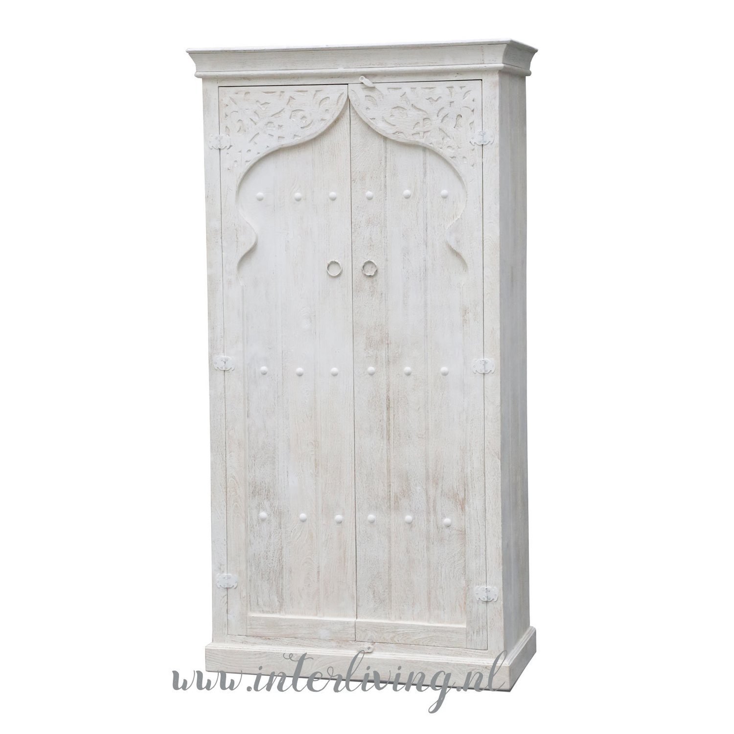 Marokkaanse stijl massief houten kast - met oosterse bogen en houtsnijwerk - antiek white washed - hoog model -190*90*40 cm uit India