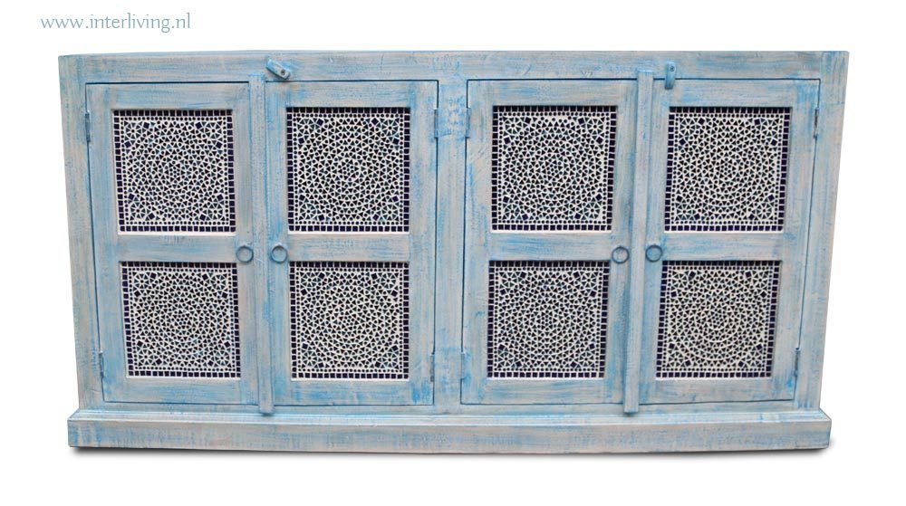 TV kast / dressoir (4 deurs) van mangohout (blue washed) met blauw glasmozaiek