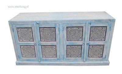 TV kast / dressoir (4 deurs) van mangohout (blue washed) met blauw glasmozaiek