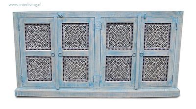 TV kast / dressoir (4 deurs) van mangohout (blue washed) met blauw glasmozaiek