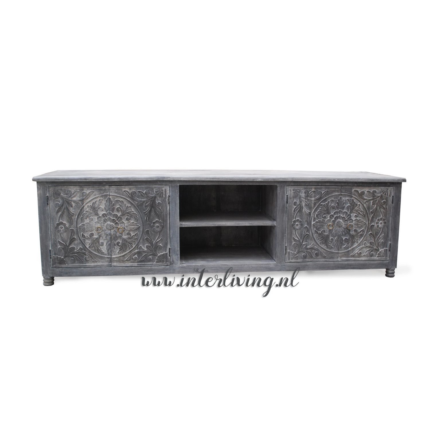 TV kast  XL grey (antique) washed met lotus houtsnijwerk 205*50*60 cm