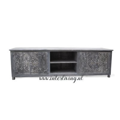 TV kast XL grey (antique) washed met lotus houtsnijwerk 205*50*60 cm TV kast XL grey (antique) washed met lotus houtsnijwerk 205*50*60 cm