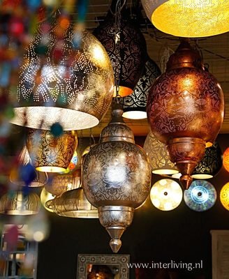 Arabische stijl hanglamp lantaarn - vintage koperlook - oosterse &amp; bohemian woonstijl - met 2 waxinehouders