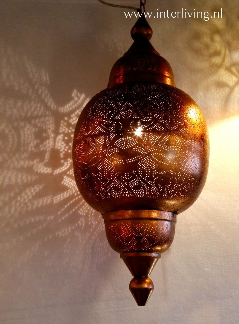 Arabische stijl hanglamp lantaarn - vintage koperlook - oosterse & bohemian woonstijl - met 2 waxinehouders