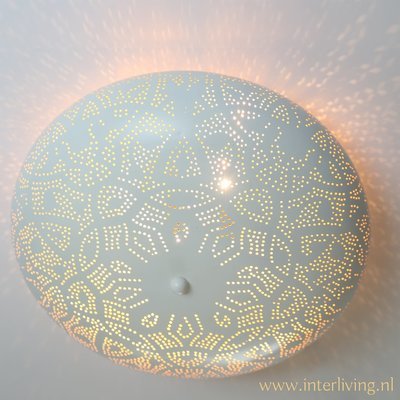 witte plafondlamp oosterse stijl - filigrain gaatjespatroon 50 cm - wit met gouden binnenkant + waxinehouders witte plafondlamp oosterse stijl - filigrain gaatjespatroon 50 cm - wit met gouden binnenkant + waxinehouders