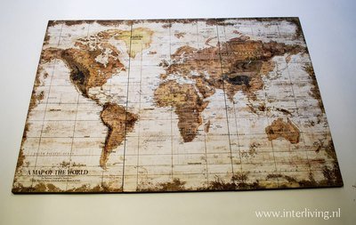 vintage landkaart (globe) - wereld - op 3 houten panelen - muurdecoratie