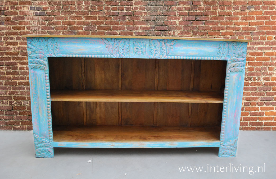 sideboard XL - open dressoir of wandtafel met houtsnijwerk van mango hout - blue washed - 182*104*44 cm