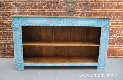 sideboard XL - open dressoir of wandtafel met houtsnijwerk van mango hout - blue washed - 182*104*44 cm