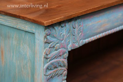 sideboard XL - open dressoir of wandtafel met houtsnijwerk van mango hout - blue washed - 182*104*44 cm