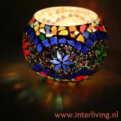 Waxinehouder mozaïek - grote bol 15 cm - van glas, cement en multi colour glasmozaïek