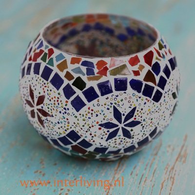Waxinehouder mozaïek - grote bol 15 cm - van glas, cement en multi colour glasmozaïek