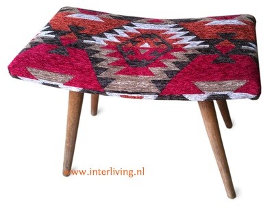vintage kruk / retro voetenbankje Deens model met kelim rood / hout bruin