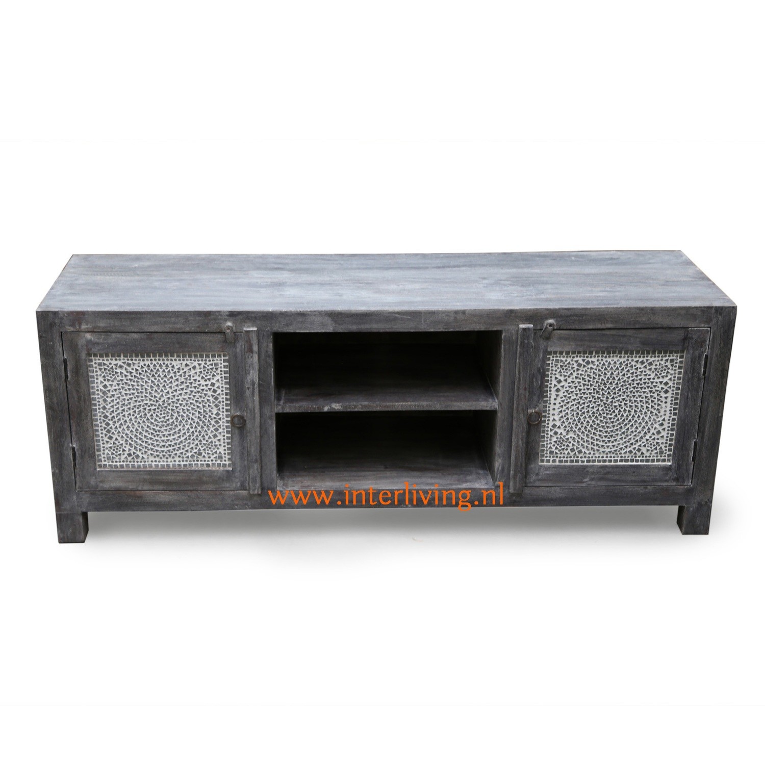 TV kast van sheesamhout grey antiek washed met transparant glasmozaïek