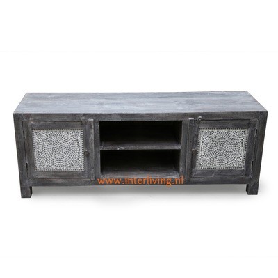 TV kast van sheesamhout grey antiek washed met transparant glasmozaïek