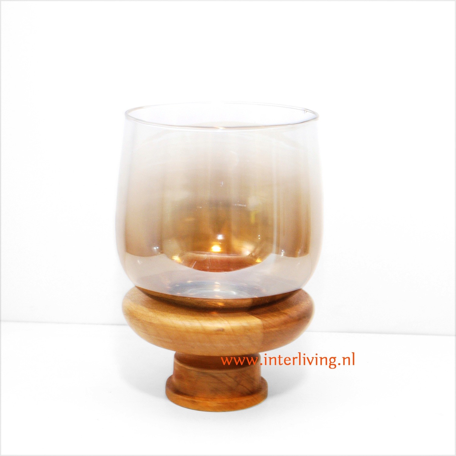 kandelaar op mangohouten sokkel - naturel hout kleur / windlicht medium met glanzend parelmoer glas