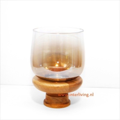 kandelaar op mangohouten sokkel - naturel hout kleur / windlicht medium met glanzend parelmoer glas
