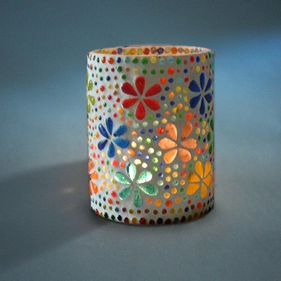 Twee stuks waxinehouder glasmozaïek multi colour flower design - bohemian woonaccessoires