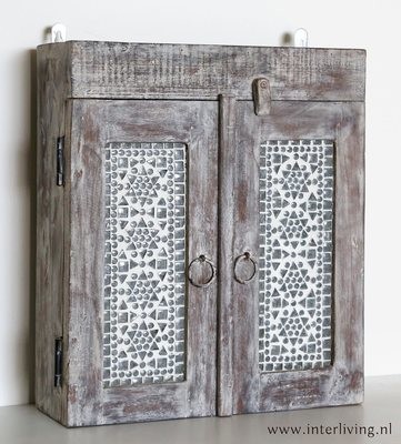 ​Cupboard - handmade from recycled old wood with antique gray / white wash finish - panels: transparent mosaic