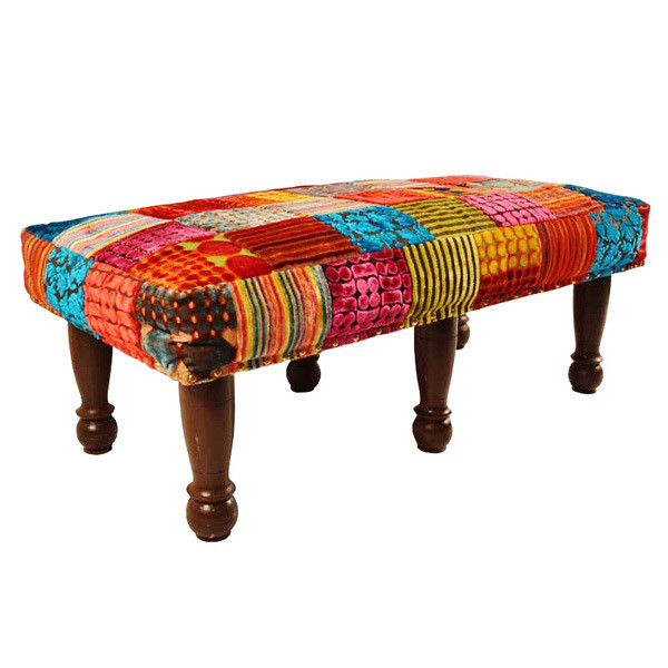bankje laag met patchwork multi colour / massief hout