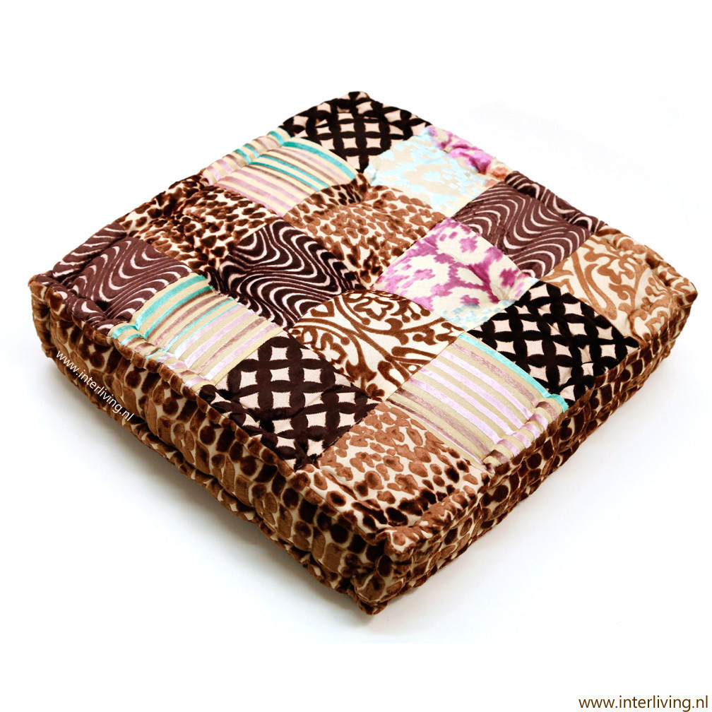 vloerkussen velvet patchwork bruin goud tinten 45 x 45 x 10 cm