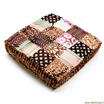 vloerkussen velvet patchwork bruin goud tinten 45 x 45 x 10 cm
