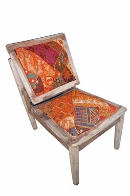 stoel met patchwork oranje / hout sheesam unfinished