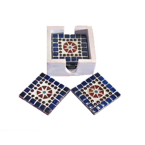 6 onderzetters glasmozaïek multi colour met blauwe rand