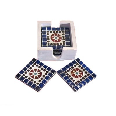 6 onderzetters glasmozaïek multi colour met blauwe rand 6 onderzetters glasmozaïek multi colour met blauwe rand