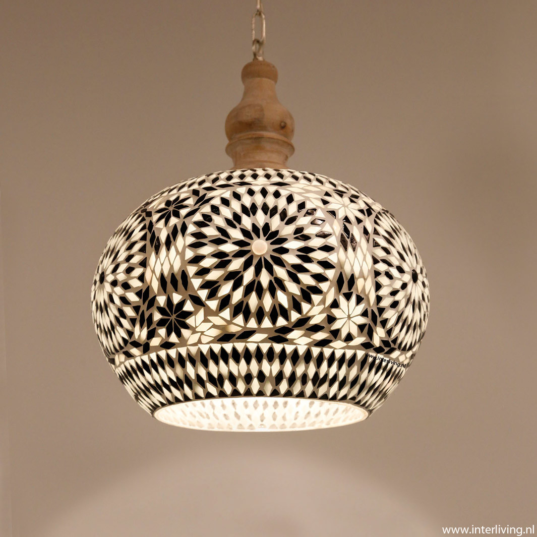 Open hanglamp zwart wit glasmozaïek met massief hout - Ø 30 cm