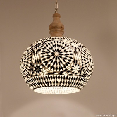 Open hanglamp zwart wit glasmozaïek met massief hout - Ø 36 cm Open hanglamp zwart wit glasmozaïek met massief hout - Ø 36 cm
