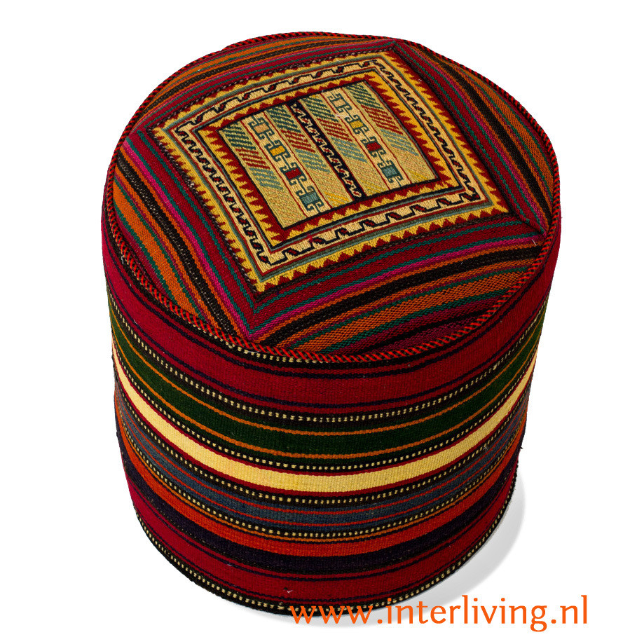 kelim tapijt poef HAMADAH - hoge ottoman hocker rond - oosterse voetenbank - authentiek geweven kilim uit Iran