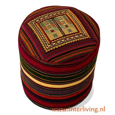 kelim tapijt poef HAMADAH - hoge ottoman hocker rond - oosterse voetenbank - authentiek geweven kilim uit Iran