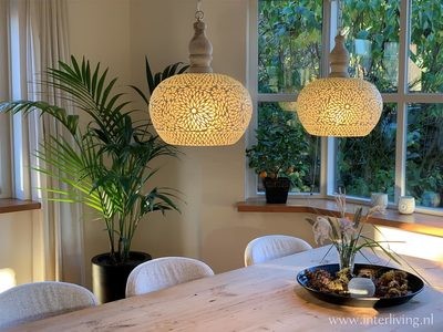 Open Hanglamp Boho style - transparant glasmozaïek met massief hout - Ø 36 cm