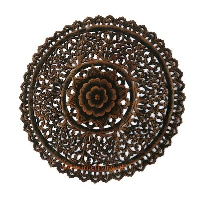 rond lotus wandpaneel - antiek was zwart - houtsnijwerk teakhout - muurdecoratie van 3 houten panelen handgemaakt