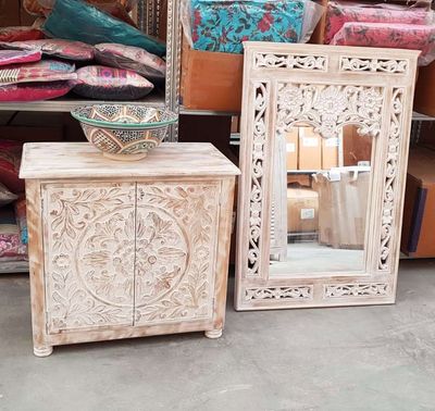 houten boho gebleekte passpiegel met oosters houtsnijwerk - antiek white wash - 120 cm x 80 cm