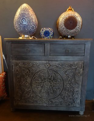 Dressoir grey washed met lotus houtsnijwerk 76 x 76 x 30 cm