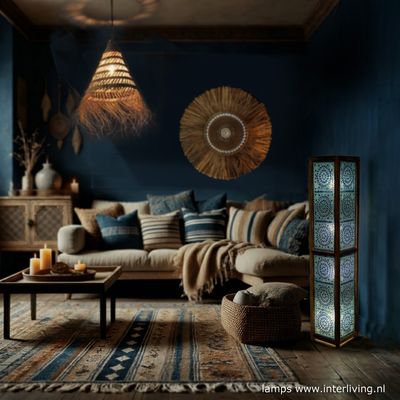 vloerlamp mozaïek blauw / hout unfinished 120 cm