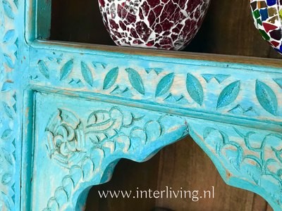 boekenkast mangohout - blue washed - houtsnijwerk